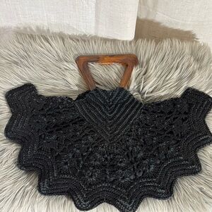 Vintage 40s Black Crocheted Fan Handbag with Tortoise Shell Lucite Handles